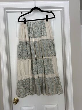 St. John's Bay Cream and Light Blue Tiered Maxi Skirt